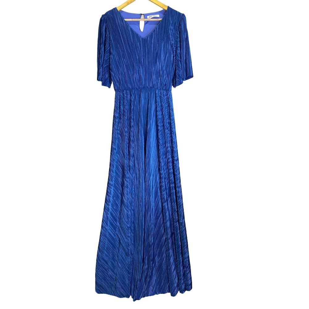Brigitte Brianna Blue Metallic Accordion Pleated Maxi Dress Large Modest Sexy